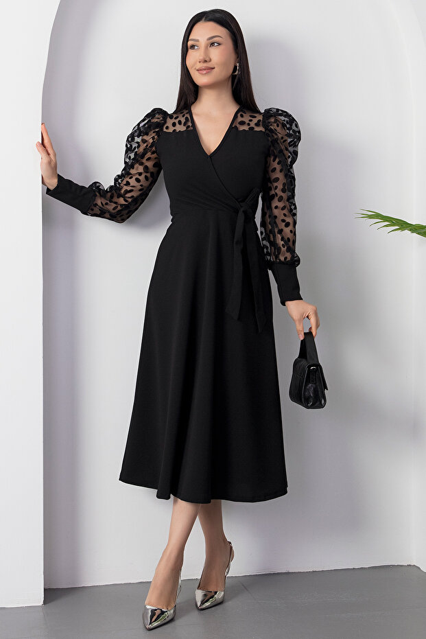 Degaje Yaka Kollar Floklu Krep Elbise 2025-4376 - 1