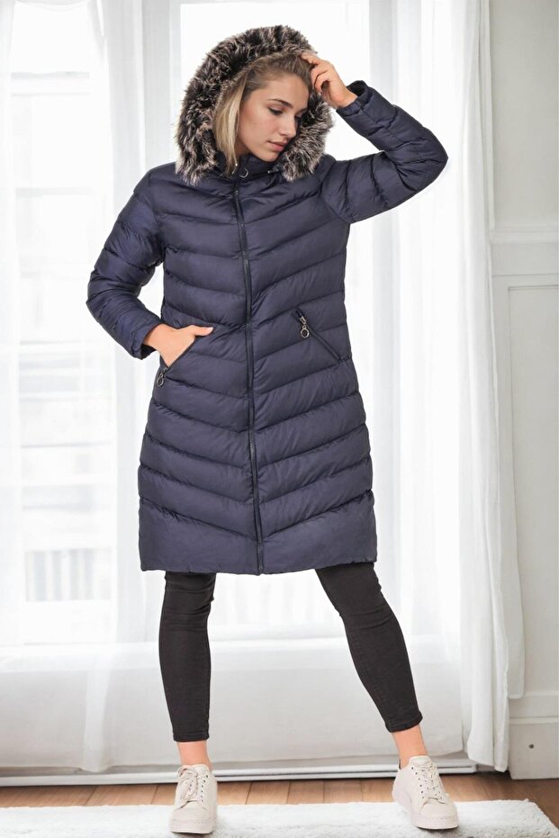 Z6690 Fur Hooded Coat-Dark Blue-1