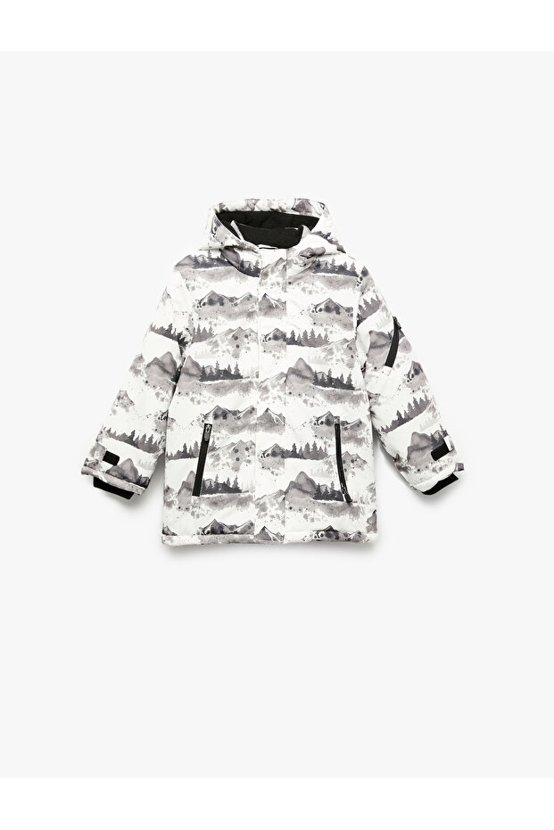Fleece Lined Patterned Long Sleeve Hooded Coat