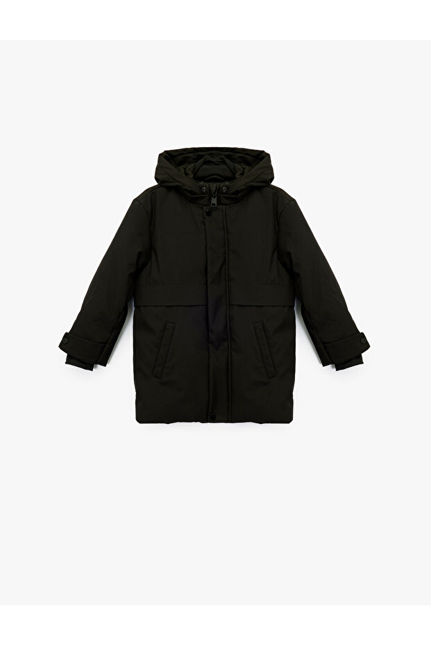 Long Sleeve Snap Detailed Pocket Slim Fit Hooded Coat