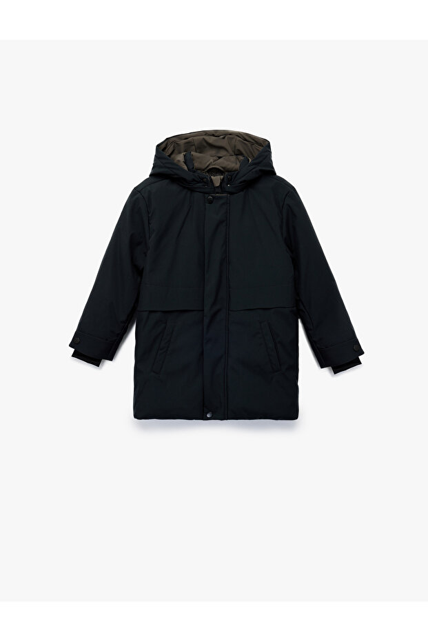 Long Sleeve Snap Detailed Pocket Slim Fit Hooded Coat