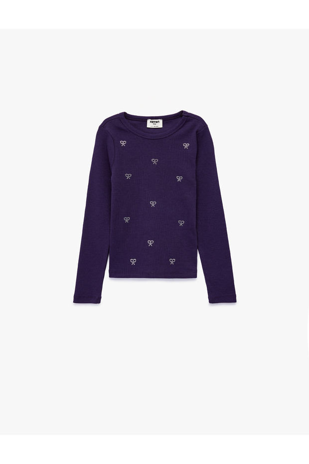 Bow Stone Detailed Long Sleeve Crew Neck Cotton T-Shirt