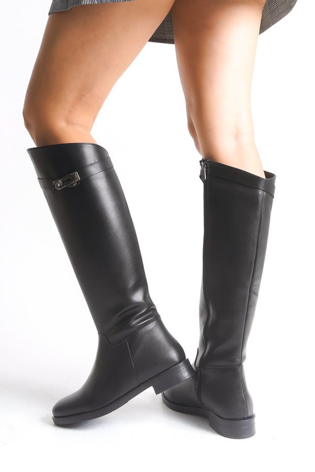 Γυναικείες μπότες Μαύρες δερμάτινες μπότες ιππασίας πάνω από το γόνατο με αξεσουάρ πόρπης, αντιολισθητική σόλα με φερμουάρ Massimo - 4