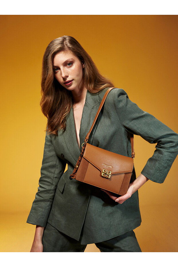 Tan Suede Women's Shoulder Bag with Adjustable Detachable Strap and Lock Closure 05Po25Y1362-9