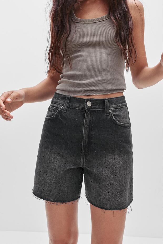 Parıltılı yüksek belli denim bermuda - 6