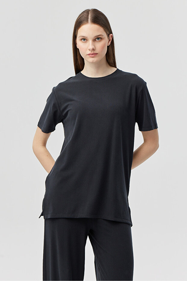Kadın İnce Fitilli Basic T-shirt - 1