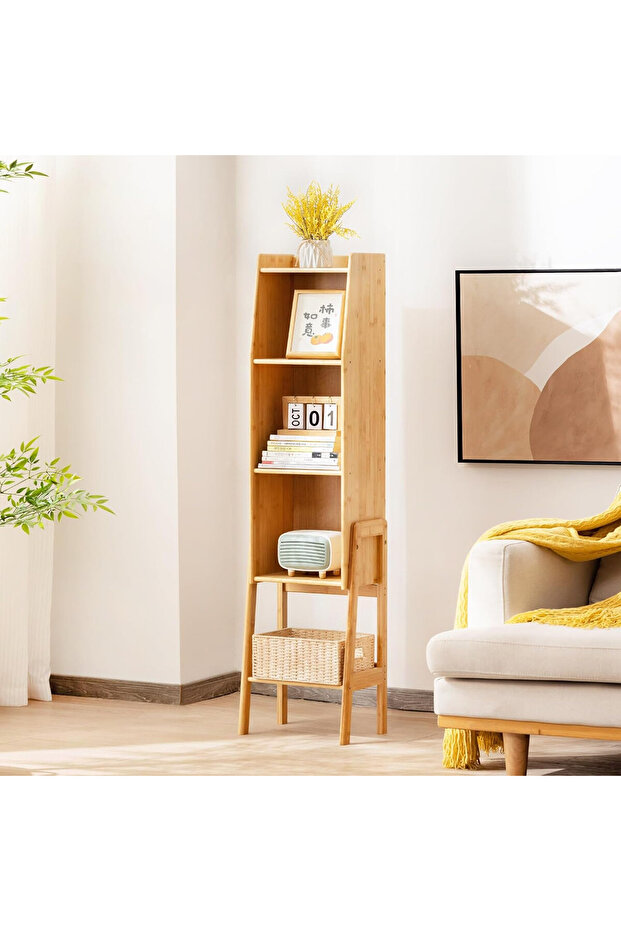 Bamboo Rattan Bookcase with Cabinet, 5-Tier Storage Shelf with Side Table & End Table Function - 1