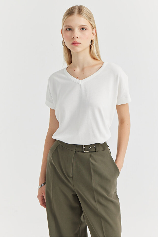 Kadın V Yaka Triko Bluz - 1