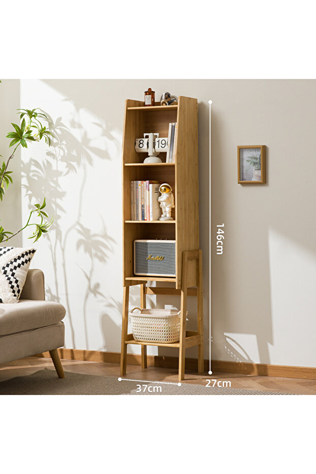 Bamboo Rattan Bookcase with Cabinet, 5-Tier Storage Shelf with Side Table & End Table Function - 7