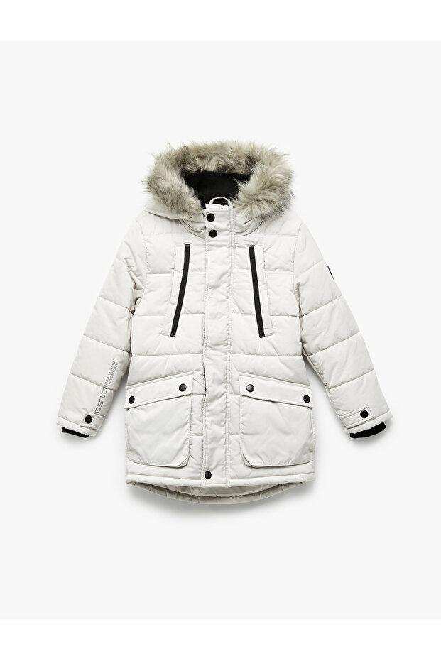 Plush Detailed Long Sleeve Zippered Pocket Long Hooded Puffer Coat