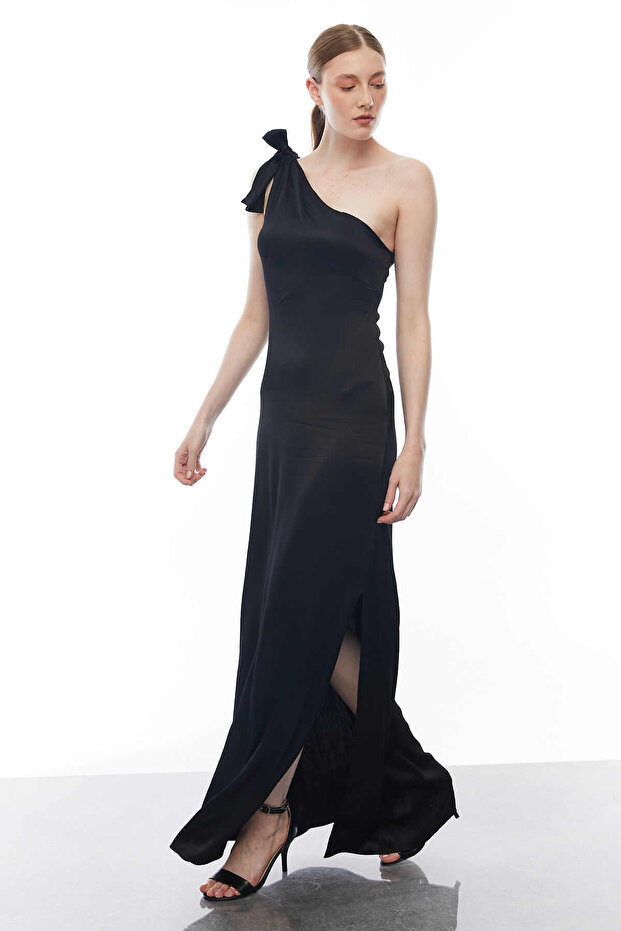 One-Shoulder Satin Dress with Tie Detail