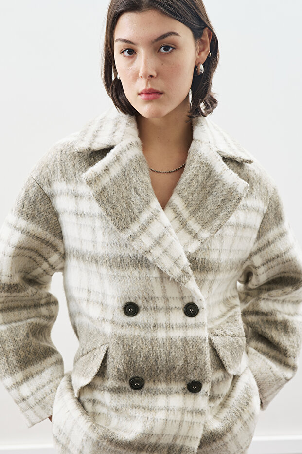 معطف صوف منقوش منقوش باللون البيج - 2