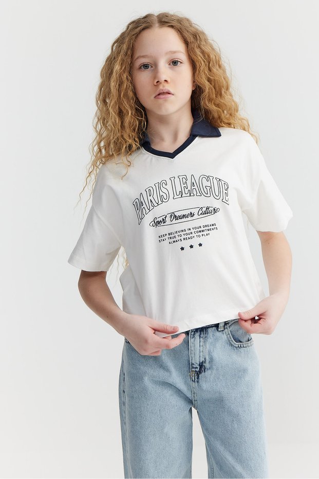 Girl's Collar Detailed Printed T-Shirt