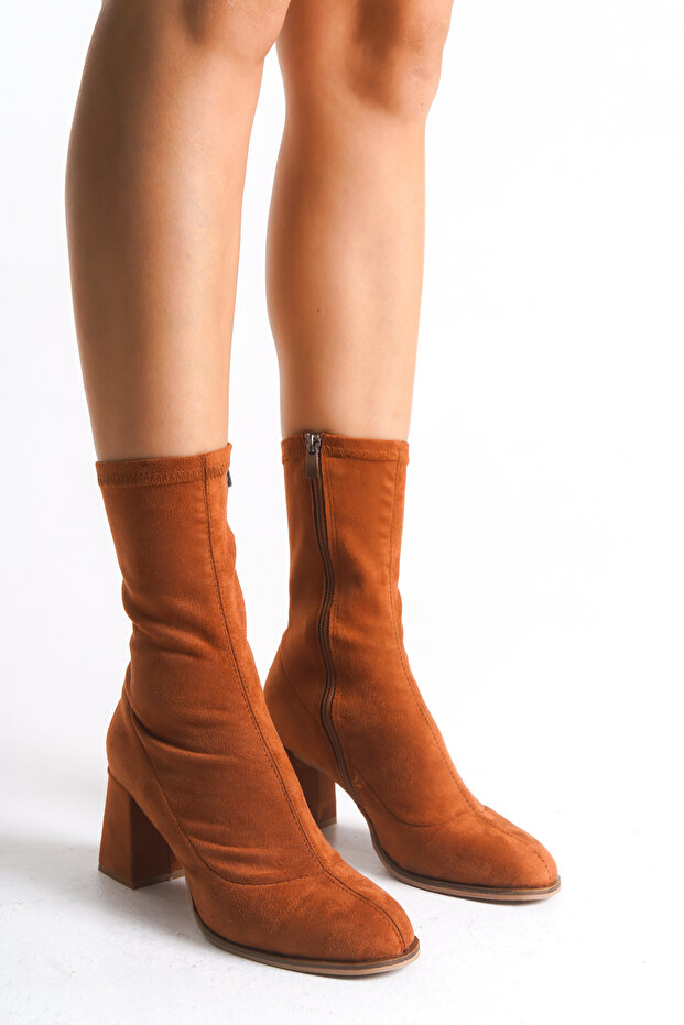 Tan Color Women's Boots Stretch Thick Heeled Internal Zipper Agnes