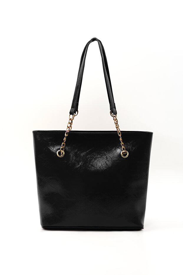 Crinkled Textured Black Shk256 Faux Leather Zippered Single Compartment Chain Strap Hand, Arm, and Shoulder Bag