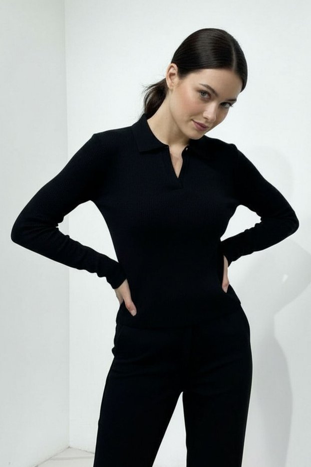 Women's Polo Neck Black Corded Fabric Ribbed Knit Long Sleeve T-Shirt