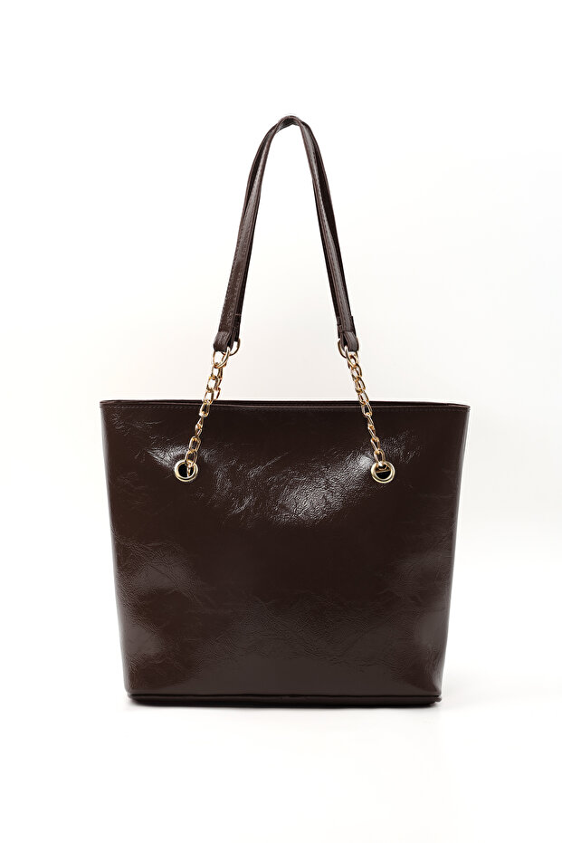Crinkled Textured Brown Shk256 Faux Leather Zippered Single Compartment Chain Strap Hand, Arm, and Shoulder Bag