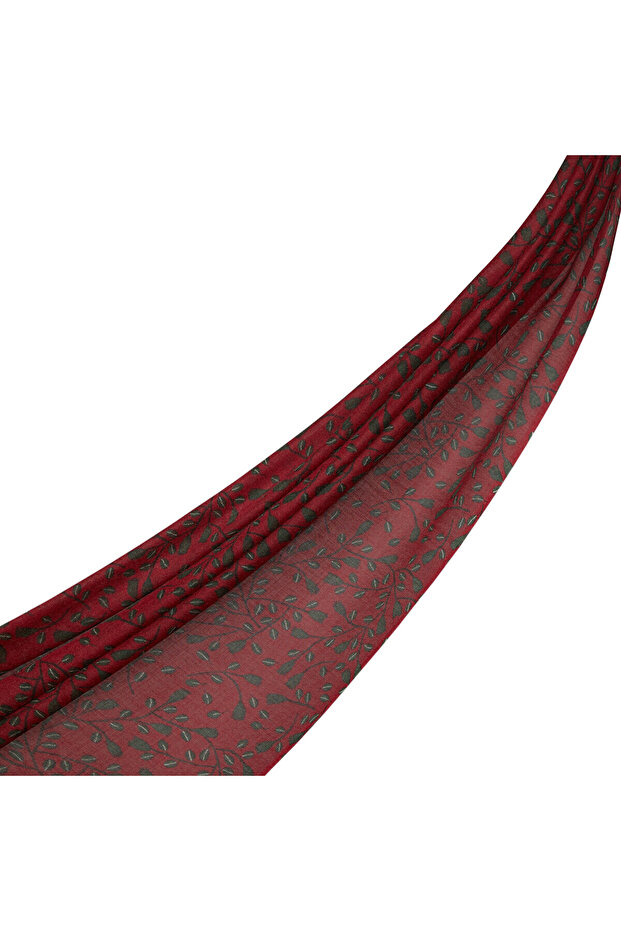 Burgundy Mini Leaf Patterned Wool Shawl - 1