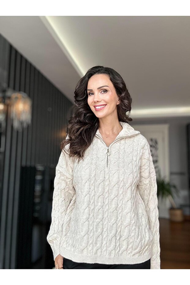 Ecru Zippered Hair Knit Sweater