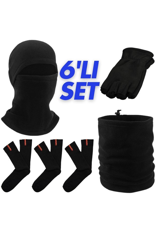 Black Winter 3 Pairs Towel Socks Fleece Fingerless Cutout Gloves Balaclava Drawstring Neck Gaiter Set of 6