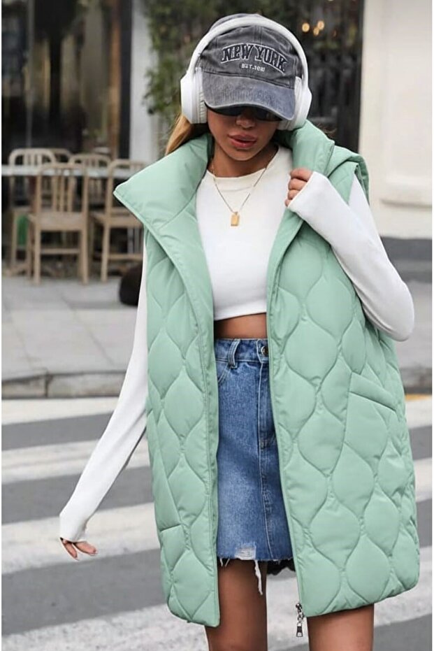 Kapitone Kapşonlu Uzun Yelek - 3