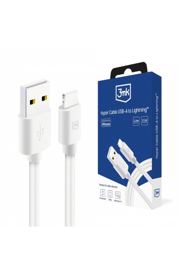 Data and Charging Cable USB-A - Lightning 3MK Hyper, 12W, 1.2m, White