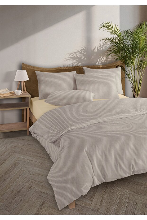 Chic 100% Cotton Ranforce Akay Beige Yarn-Dyed Duvet Cover Set Single Size - 160X220 cm