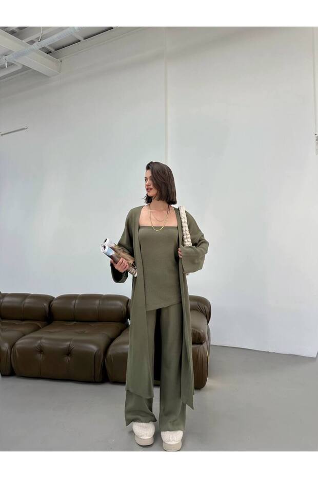 Strapless Cardigan and Pants 3-Piece Knitwear Set