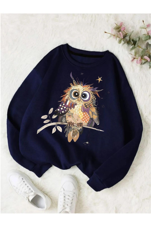 Women's Navy Blue Colored Owl Printed Crew Neck Oversized Sweatshirt