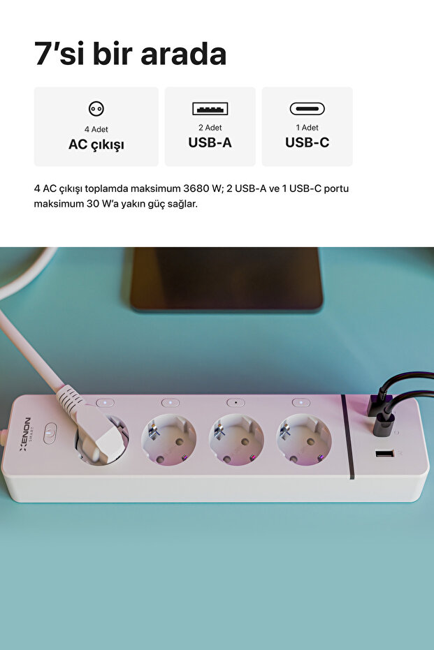 Smart Multi 4-Socket Wi-Fi 2 Usb-A and 1 Usb-C 3680W 180 cm Google and Alexa Mobile Control X7087 - 3