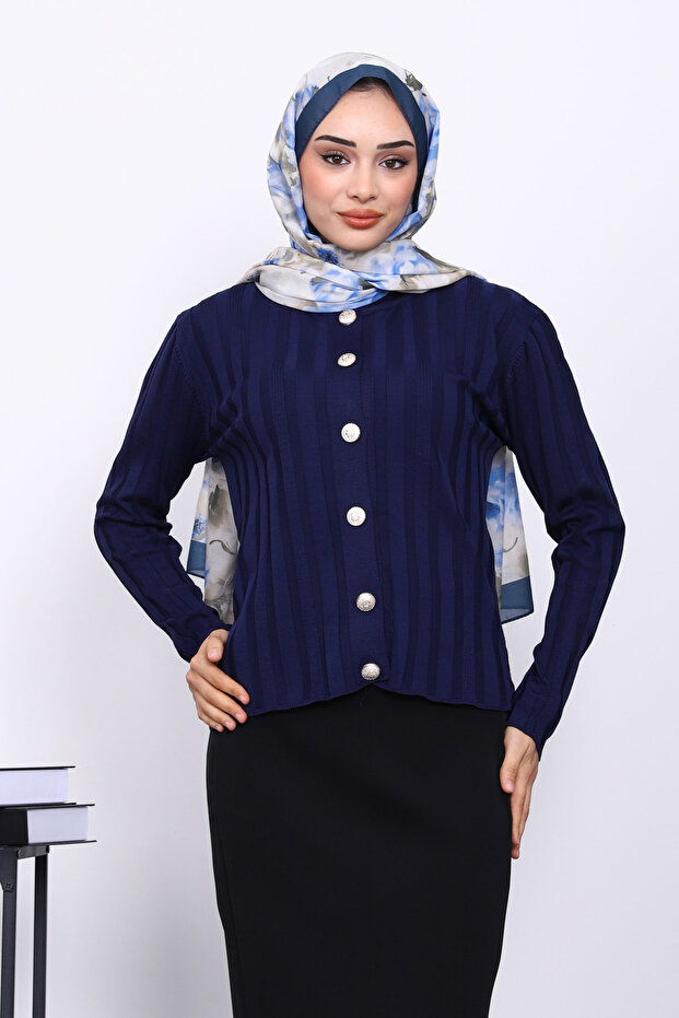 Navy Blue Cold Yarn Buttoned Cardigan