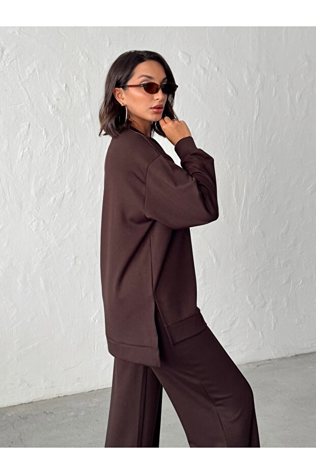 Kobieta Brązowy Wygodny Krój Miękka Modalowa Tkanina Komplet Spodni i Bluzki - 5