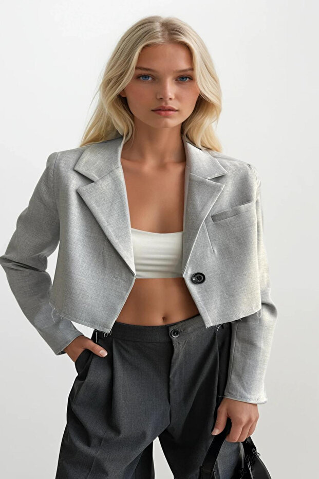 Crop Basic Blazer Gray Jacket - 6