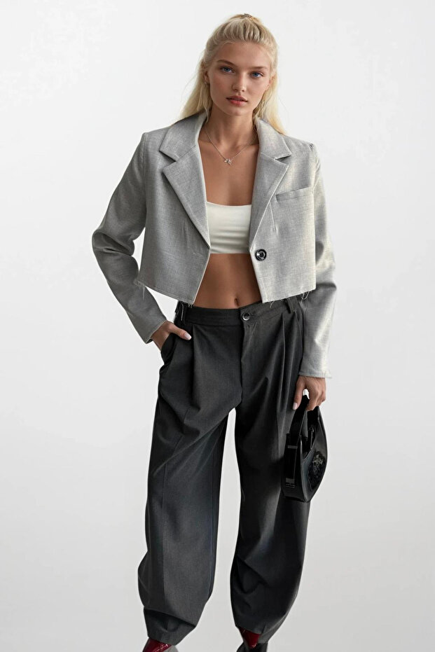 Crop Basic Blazer Gray Jacket - 2