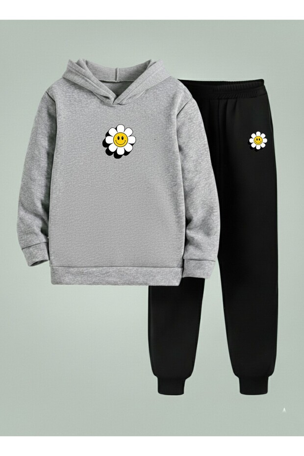 Bottom - Top Set (Sweatshirt - Tracksuit) Girl's Smiling Daisy Printed 3 Thread Raised Border