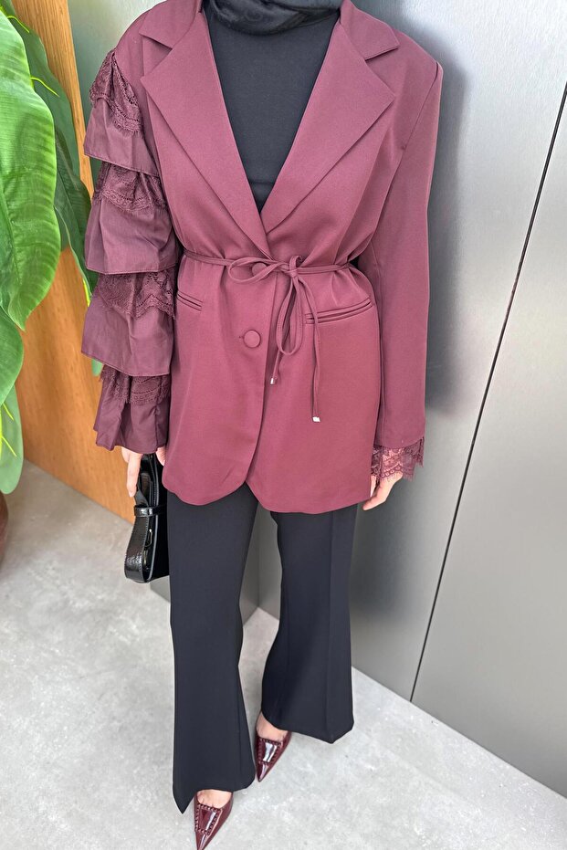 Kol Dantelli Premium Ceket - Bordo - 1