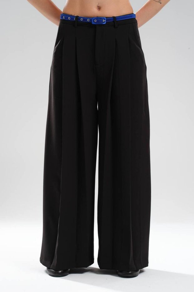 Women's Detachable Satin Belt Detailed Front Pleated Design Trousers