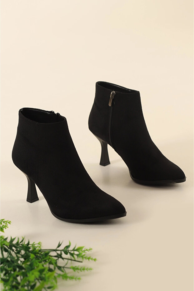 Black Suede Pointed Toe 8 cm Thin Heeled Women's Boots Tmd202501