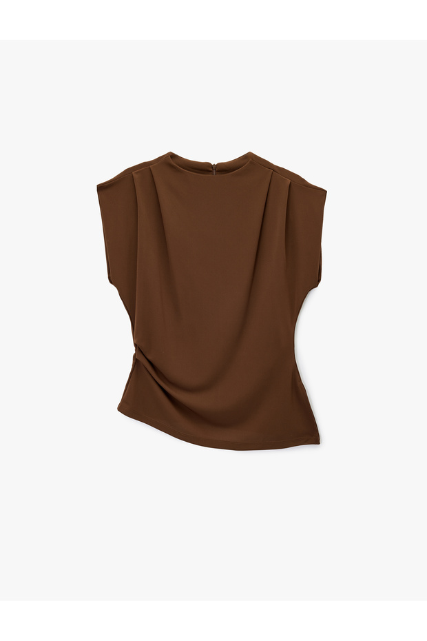 Round Neck Asymmetric Draped Detail Sleeveless Blouse