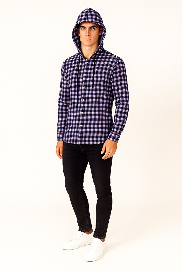 Men's Check-Print Cotton Hoodie Shirts