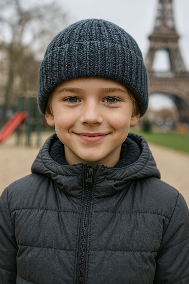 Smoked Corded Fabric Wool Boy's Beret 7-12 Years Old