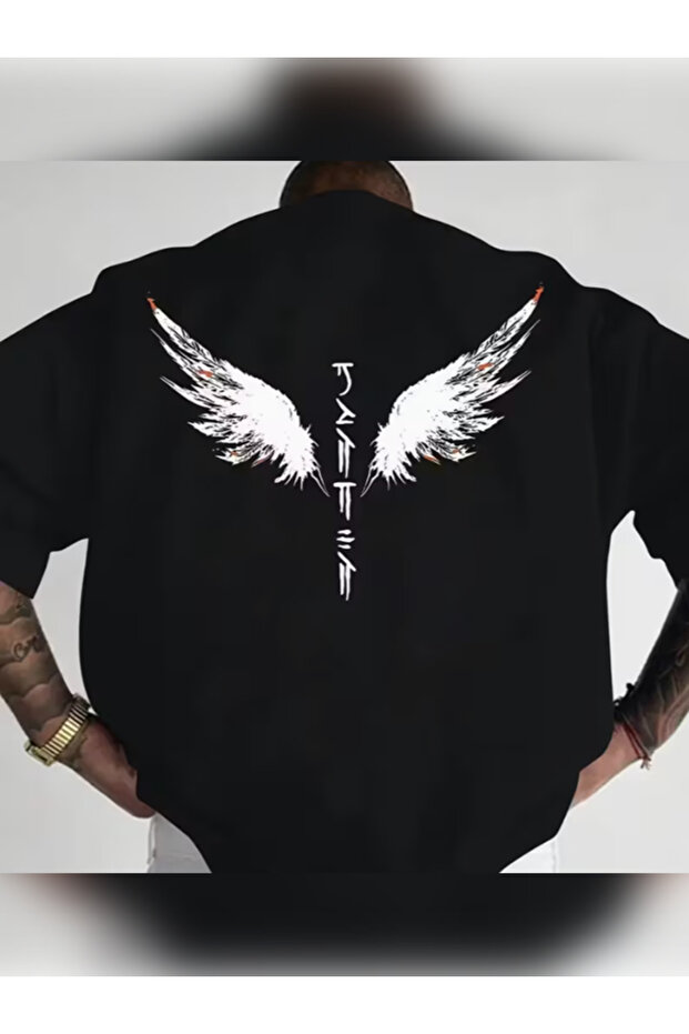 Unisex Oversized Wings Printed Crew Neck Short Sleeve Black T-Shirt