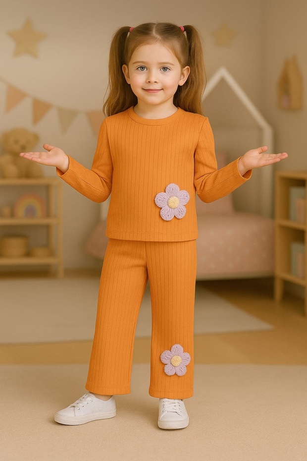 Girl's Floral Detailed Pants and Blouse 2-Piece Set, Top and Bottom, Nursery Children's Set