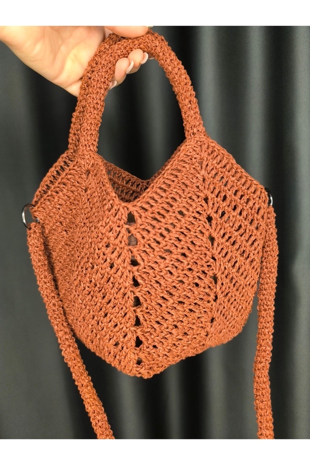 Hand Knitted Macrame Bag - Shoulder Handbag in Cinnamon Brown Tones