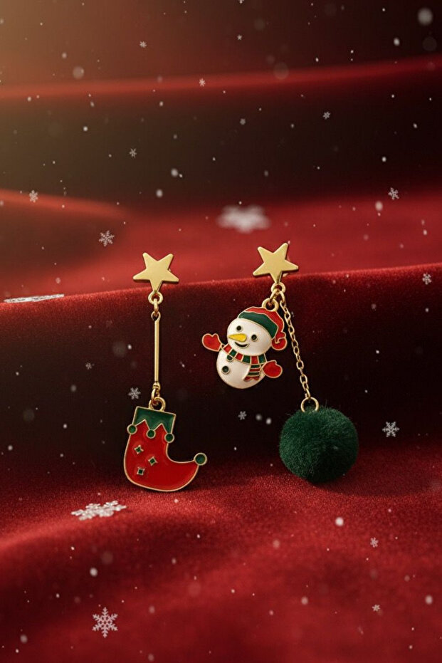 Women's Snowman, Socks, and Pompom Figured Dangle Nail Earrings – Christmas New Year Collection