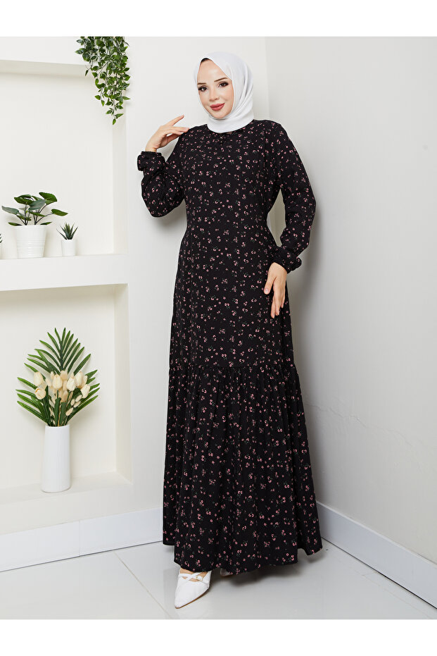 Cıtır Black Viscose Dress with Pink Flowers