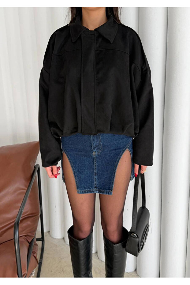Lüx Süet Oversize Bomber Ceket Siyah - 6