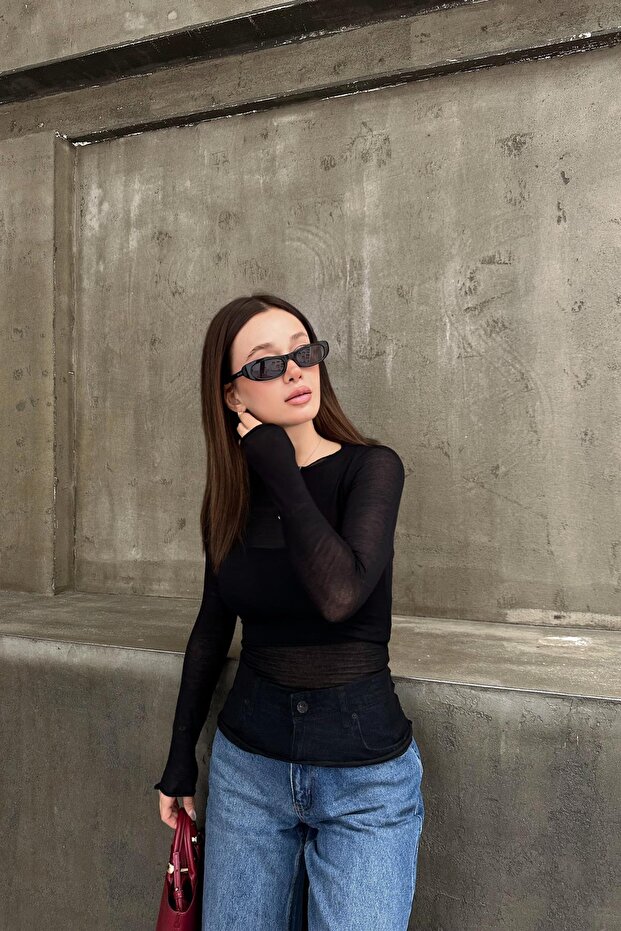 İnce Kayık Yaka Basic Bluz Siyah - 4