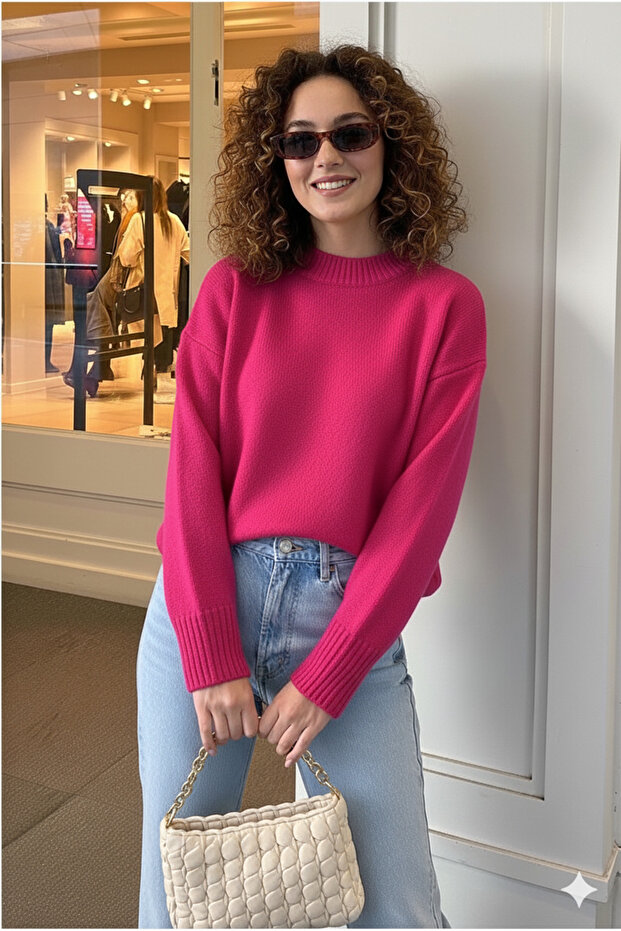 Women's Fuchia Oversized Knitwear Sweater - Soft Textured Crew Neck