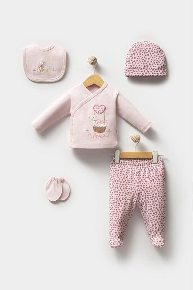 100% Cotton Cute Duck in a Basket Patterned 5-Piece Newborn Hospital Discharge Bodysuit Set Bbtf.